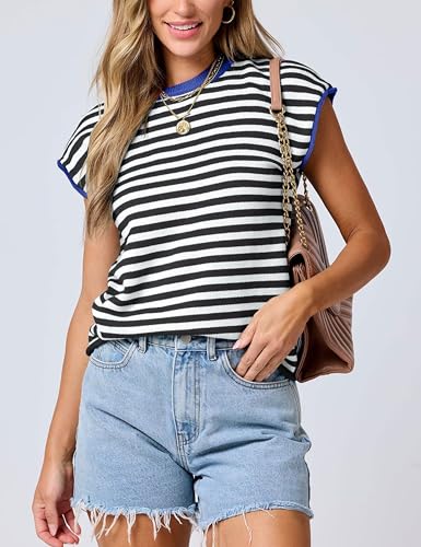 Image of Bozanly Womens Crewneck Striped Knit T Shirts Casual Spring Summer Cap Sleeve Sweater Tank Top 2025(0952-BlackStripe-S)