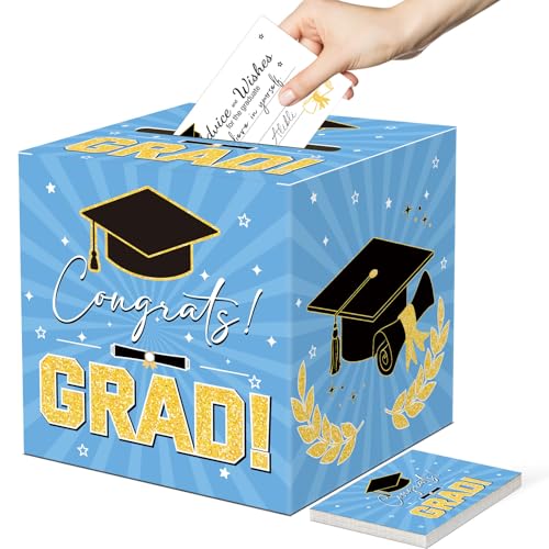 Image of Graduation Card Box Graduation Decorations 2026 Grad Card Box for Gift Graduation Party Favors Decor Party Supplies (Blue, 50 Cards)