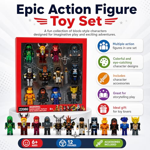 Image of 12PCS Action Figure Toy Set for Kids, Block-Style Hero Mini Figures with Accessories, Collectible Adventure Characters, Creative Roleplay Toys for Boys & Girls Ages 6+