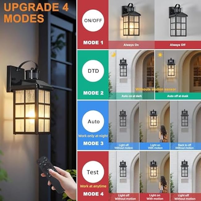Motion Sensor Porch Lights Outdoor with Remote Control, Smart Dusk-to-Dawn Exterior Lighting Fixtures Weatherproof Outdoor Wall Lights with 4 Lighting Modes for Porch, Garage, Patio, Front Door