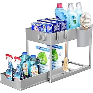 Puricon Opbergrek voor onder de gootsteen, keukenopberger, 2 niveaus, met uitschuiflade, multifunctioneel opbergrek voor badkamer, aanrecht, wasruimte