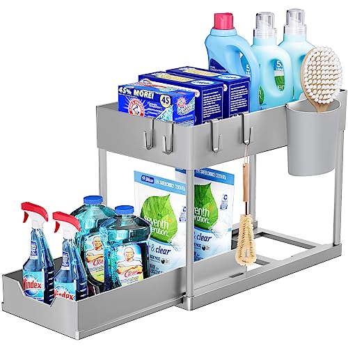 Puricon Unter Waschbecken Regal, 2 Etagen Standregal Küche Arbeitsplatte Regal Organizer, Mehrfunktional Küchenregal Gewürzregal Unterschrankregal Spülschrankregal -Grau