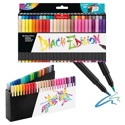 Faber-Castell 116454 - Étui support 50 feutres pinceau Black Edition assortis - Couleurs assorties