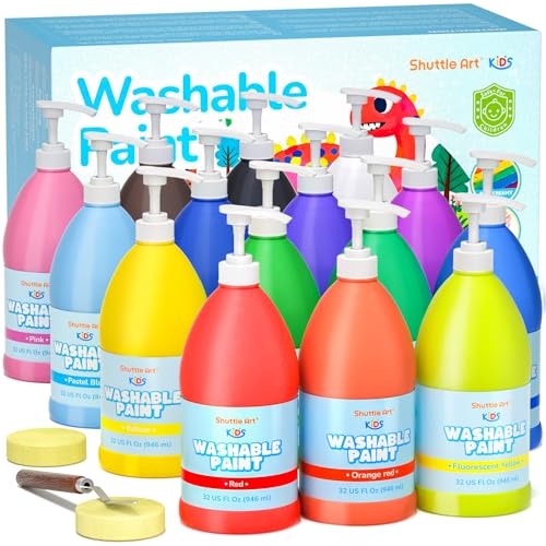 Shuttle Art 15 Colors Washable Paint for Kids 32 oz Bulk Tempera Paint with Pump Non-Toxic Kids Washable Paint for Art and Crafts School & Home Must Haves