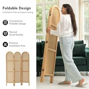 Room Dividers and Folding Privacy Screens Pine Wood 56 Ft Double Hinged Rattan Partition Freestanding Wall Room Divider for Home 3 Panels Natural