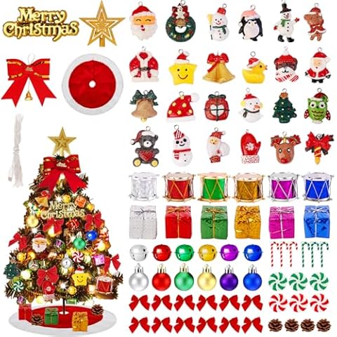 81 Pcs Mini Christmas Tree Decorations Set Mini Christmas Tree Ornaments Tree Topper Tiny Tree Skirt Mini Christmas Ball Bow Miniature Hanging Ornament with LED Lights for Small Xmas Tree Decor Cover