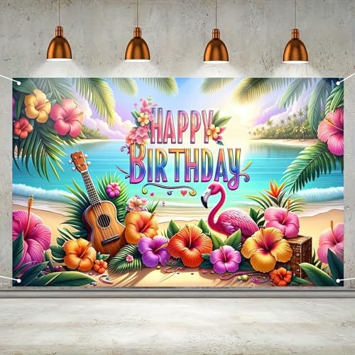 Image of HOMETITUTE Hawaiian Birthday Banner 71x43 Inch Luau Party Decorations | Hawaiian Party Decorations Tropical Backdrop Summer Backdrop for Pool Party Backyard Summer Beach Outdoor Photo Booth