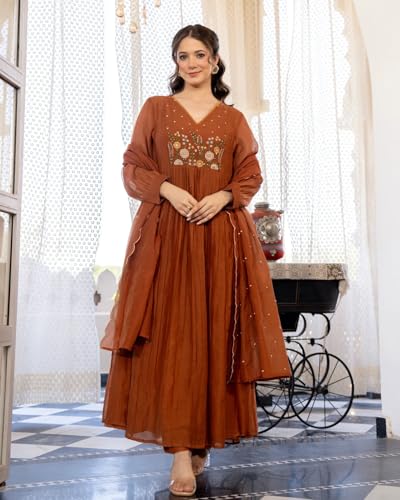 Image of Nermosa Women Embroidery Solid Anarkali Kurta and Pant Set with Dupatta
