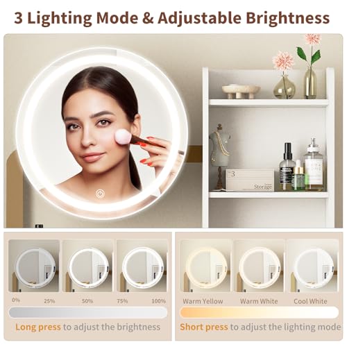 Image of Small Vanity Desk with Mirror and Lights, Makeup Vanity Table with LED Mirror, 3 Lighting Modes, Power Outlet, Drawer, Open Shelves and Cushioned Stool for Bedroom (Gold)