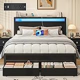 Fluest Queen Bed Frame,Queen Bed Frame with Storage Headboard & 2 Storage Drawer, Charging Station & LED Light, No Box Spring Needed, Noise Free, Easy Assembly, Classic Black
