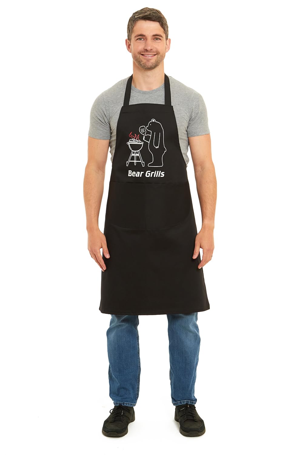 Tesmark Bear Grills Barbecue & Butcher Aprons for Men and Women with Pockets, One Size Plain Colour Versatile Novelty Aprons Ideal for Home, Kitchen, BBQ and Professional Use (Black)