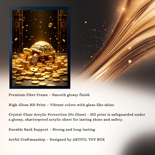 Image of ARTFUL TOY BOX - Golden Feng Shui Turtle Photo Frame Wall Art for Home Decor | Wealth, Stability & Protection Vastu & Feng Shui Wall Decor for Living Room & Office | HD Glossy Print | Premium Fiber Black Frame - 12x18 Inch (30x45 cm) (Design 2)