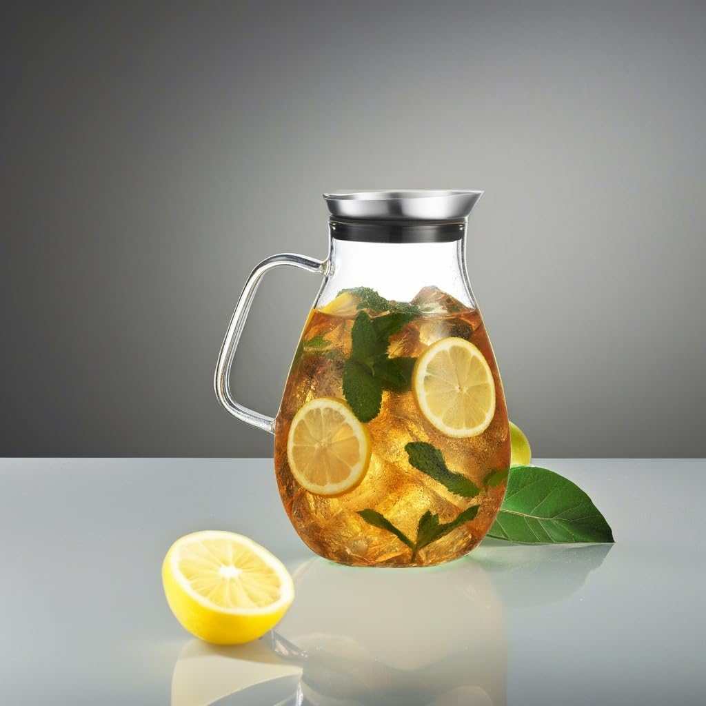 Glaskrug mit Edelstahldeckel, schöne leichte Karaffe mit breitem Griff, ideal für kalte und heiße Getränke wie Tee, Limonade, Saft, Wasser, Kaffee, Kaltgebrüh