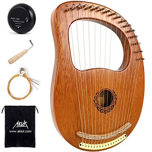 Lyre Harp, AKLOT 16 Metal Strings Maple Saddle Mahogany Body Lyra Harp with Carved Note Tuning Wrench Pick up Strings and Black Gig Bag