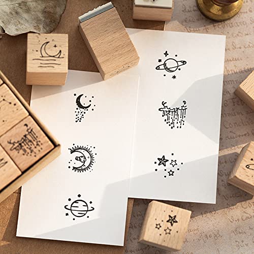 Namvo 16 Pcs Wood Rubber Stamp Set - Moon & Star Decorative Wooden Universe Planet Stamps for DIY Crafts Card Making, Calendar - Image 3