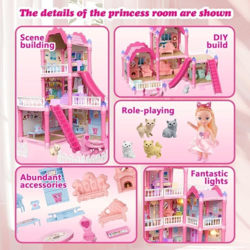 Image of Large Pink Princess Dollhouse for Girls, 3-Storey Doll House Playset with Furniture, Slides, Stairs, Swing, Balcony, Kitchen & Bedroom Accessories, Pretend Play Toy for Kids Ages 3+