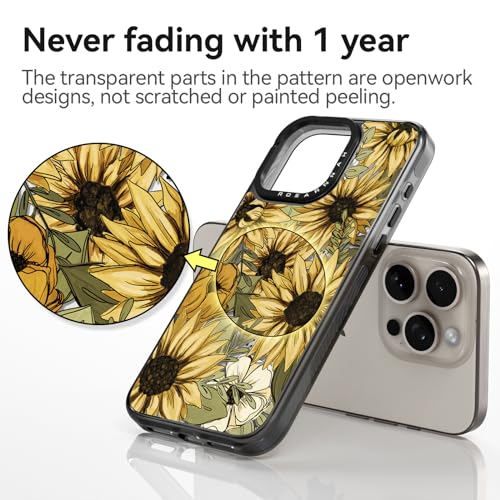 Coque iPhone 15 Pro antichoc 2m durable noire à motif de tournesol