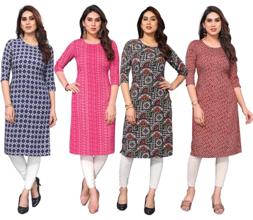 Image of JAKHANA Women's Crepe Printed Casual Straight Calf Length Round Nick Kurta Pack of 4