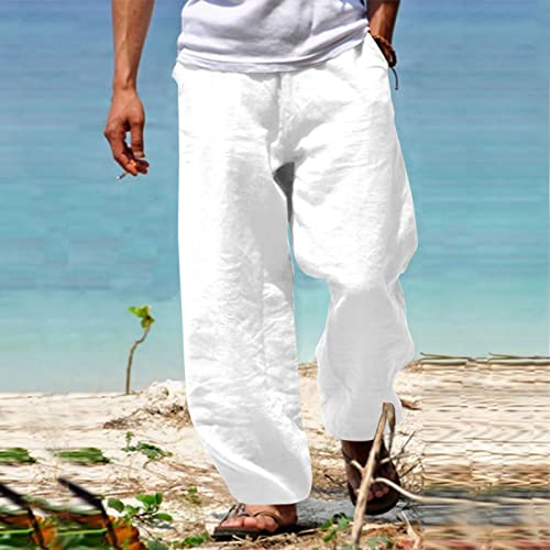 Men's Cotton Linen Trousers Loose Fit Straight Leg Pants Casual Drawstring Thin Pant Spring Fashion Vacation Trousers2