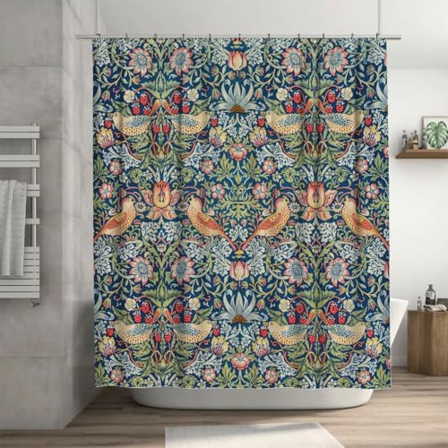 WWOOPLL William Morris – Ensemble de rideau de douche avec 12 crochets, rideaux de bain en polyester imperméable, motif floral, voleur de fraises, décoration d'intérieur, de salle de bain, baignoire,