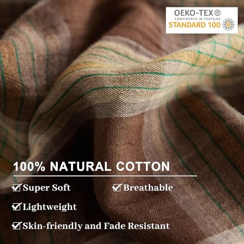 Image of EAVD Vintage Yellow&Brown Plaid Duvet Cover Full Soft 100% Muslin Cotton Retro Grid Checkered Plaid Bedding Set with 2 Pillowcases Farmhouse Reversible Gingham Duvet Cover with Zipper Closure