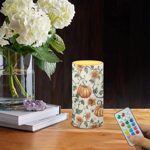 Image of Poceacles Pumpkin Sunflower Cream White Flickering Flameless LED Battery Candles Pillar Candles Tealight with 18-Key Timer Remote with Colorful Light for Indoor Outdoor Home Fall Autumn Decor