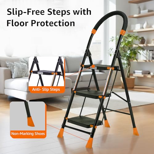 Image of Amazon Basics Curvo-Foldable Step Ladder, Ribbed Steps, Knee Guard, Non-Marring PVC Shoes, 3 Steps (Black & Orange)