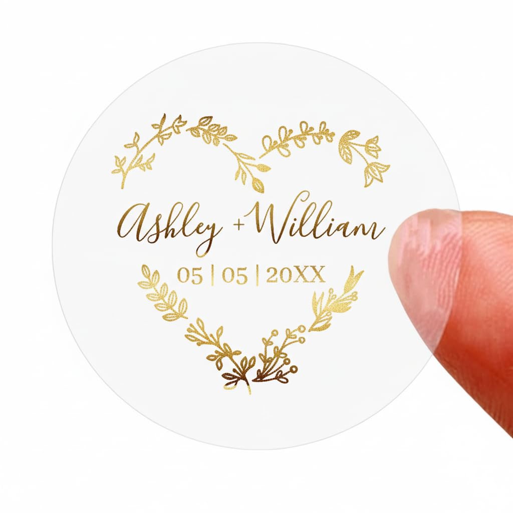 Personalized Golden Transparent Vinyl Stickerwildflowers Heart Design Wedding Shape Personalized Stickers Labelsfor Baptism Favors Party Gold Wedding