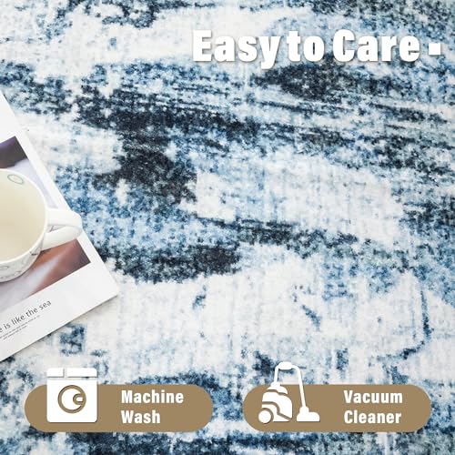 Carvapet 8x10 Area Rugs for Living Room Bedroom, Washable Modern Boho Large Carpet, Low Pile, Non Slip, Foldable, Soft Area Rug with Rubber Backing (8 x 10 Feet, Dark Blue)