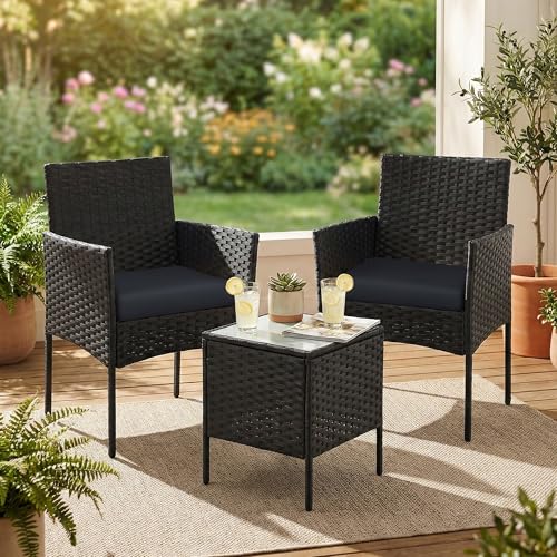 SONGMICS Balkonmöbel, Gartenmöbel-Set, aus PE-Polyrattan, Lounge-Set, Tisch und 2 Stühle, Terrassenmöbel, Outdoor, für Terrasse, Balkon, Garten, schwarz-grau GGF003B02
