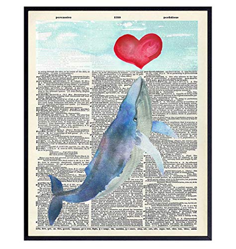 Whale Coastal Wall Art - Nautical Home Decor - Ocean, Sea, Beach Decoration - Unique Boho Gift - Cute Heart Bathroom Art for Women - 8x10 Shabby Chic Photo, Picture - Unframed Poster Print