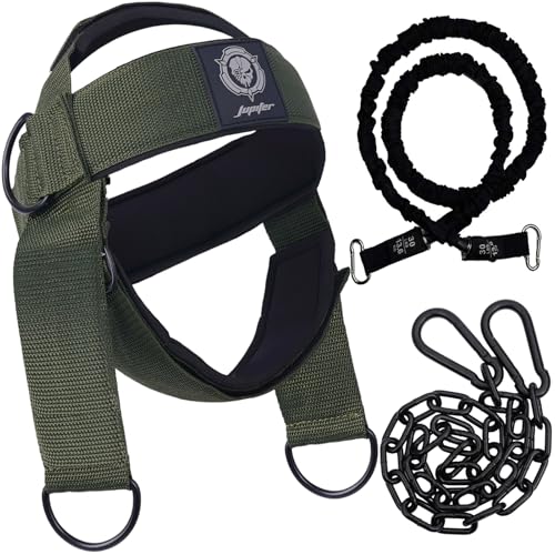 Neck Harness for Increases Neck Core Strength - Neck Exerciser with 30' Heavy Duty Steel Chain for Safely Lifting Weights Up to 280 lbs Green