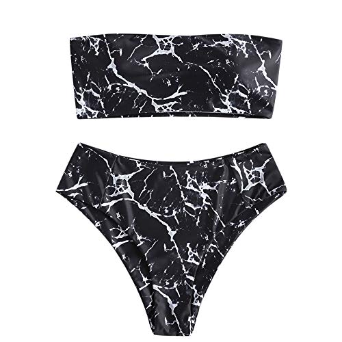 ZAFUL Womens Two-Piece Sexy Strapless Padded High Cut Bandeau Bathing Suit Swimwear (Small, Marble Black)