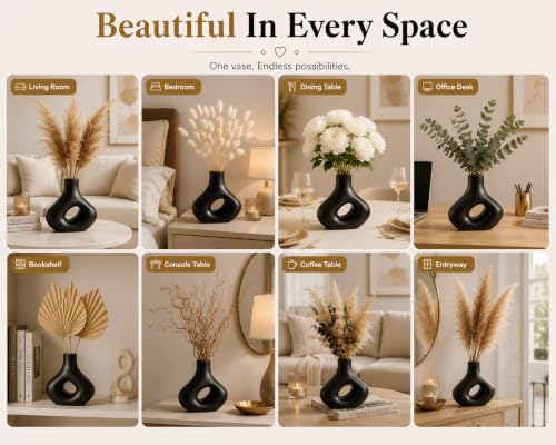 Image of Abstract Ceramic Vase - Modern Matte Black Sculptural Hollow Centerpiece, 21.5 inch cm Decorative Flower Vase for Tabletop, Mantel, Living Room Decor