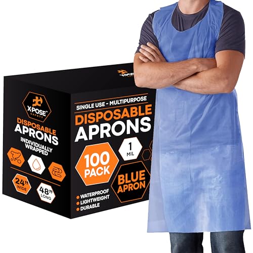 Xpose Safety 100 Blue Plastic Disposable Aprons for Cooking & more Individually Packaged, Durable 1 Mil...