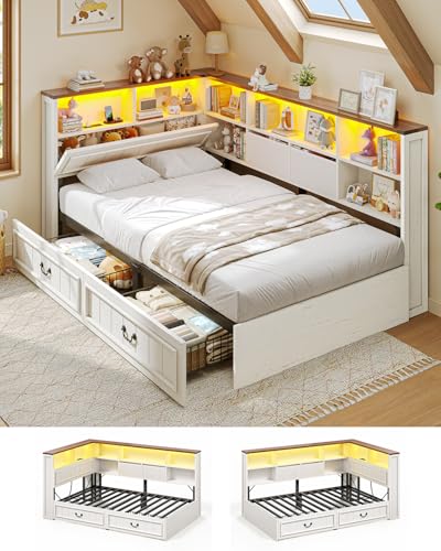 AOGLLATI Twin Corner Bed Frame with Storage Drawers and Bookcase