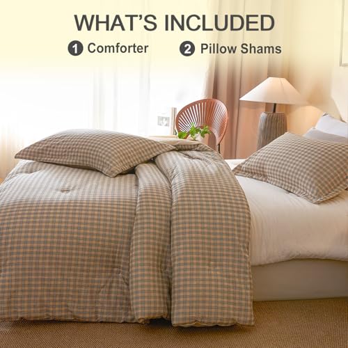 Image of 100% Cotton Comforter Set Queen Size - Reversible Yarn-Dyed Checkered Design, Soft Washed Cotton on Both Sides, Lightweight All-Season Bedding, Machine Washable(Beige Plaid, 90 inchx90 inch)
