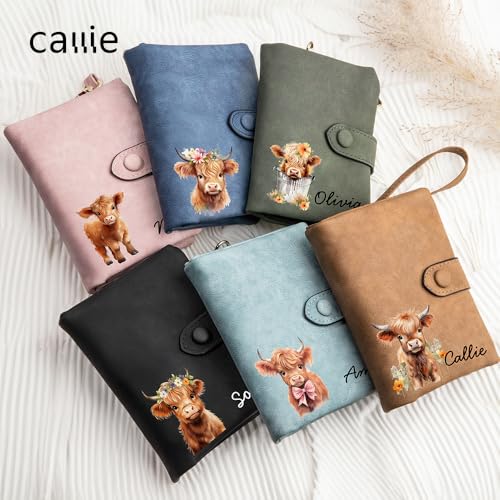 callie Personalized Highland Cow Wallet for Women Girls, Custom Name Leather Floral Wallet Card Holder Purse, Christmas Birthday Gifts for Highland Cow Lovers2