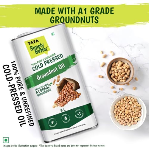 Image of Tata Simply Better Pure and Unrefined Cold Pressed Groundnut (Peanut) Oil, Kolhu /Kacchi Ghani /Mara Chekku /Ganuga, Naturally Cholesterol Free, 5L, With Rich Aroma & Flavour of Real A1 Grade Groundnuts