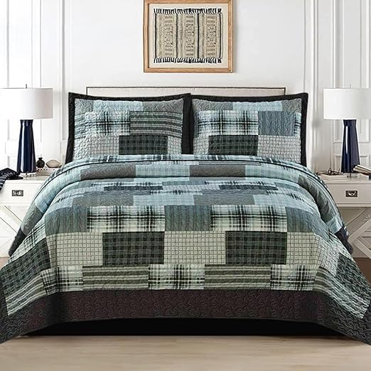 3 PCS Patchwork Bedspread Quilted Bed Throw Single Double King Size Bedding Set (Check Denim Grey, Double) — image 1