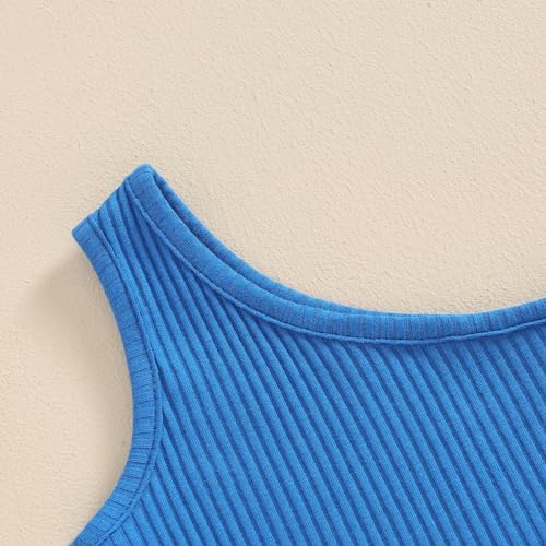 Image of BeQeuewll 4th of July Toddler Girls Outfits Solid One Shoulder Sleeveless Tank Crop Tops Stars Ruffles Skirts 2Pcs Clothes (Star-Blue, 12-18 Months)