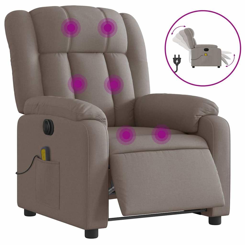 Elektrischer Massagesessel aus Stoff Taupe mit 6 Vibrationspunkten und stabilem Rahmen, automatische Neigungsfunktion um 135 Grad und bequeme Armlehnen