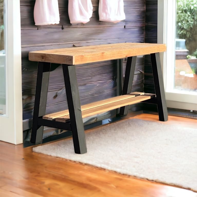 Intrinsic Haven Farmhouse Entry Bench, Solid Pine Wood, 36W x 20.5H x 12D inches, with Storage Shelf (Natural/Black)