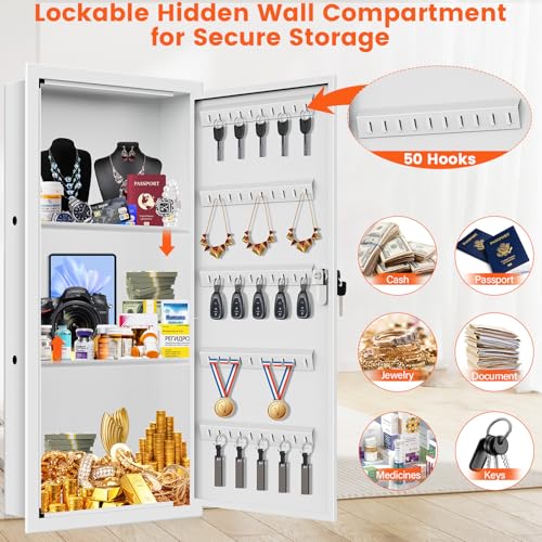 Image of 29.53 inch Tall White Wall Safes Between 16 inch Studs | 33% Larger Capacity & Lock | Lockable Hidden Safe Box with 2 Removable Shelf & Hooks for Keys Jewellery | Home In Wall Safe for Money Medicines Valuables