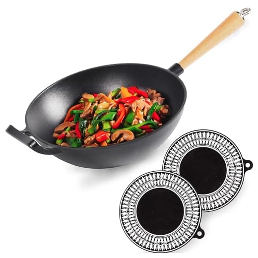 Chefarone Wok in ghisa con rivestimento in smalto - Padella antiaderente con manico in legno removibile - Pentole da wok - Padella in ghisa per saltare - Wok antiaderente con diametro di 28 cm