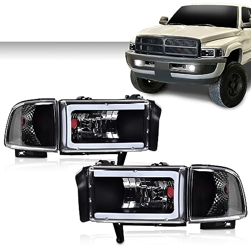 Image of GRAND ORANGE LED Headlight Assembly w /o Bulbs Light Strip Compatible with Dodge Ram 1500 1994-2001 Fit Dodge Ram 2500 3500 1994-2002 Clear Lens Black Housing Clear Reflector