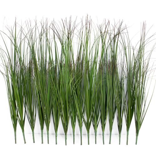 LUZOGA 16 Bundles Artificial Grass Plants Outdoor Tall Faux Shrubs Greenery Stems Fake Onion Grasses Wheat Grass UV Resistant Faux Bushes Plant for Garden Indoor Office Home DecorRed-Tipped Green