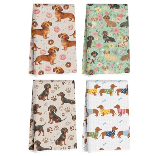 Image of 4 Pcs Cute Dachshund Kitchen Towels 24x14 Inch, Dachshund Gifts Reusable Dish Towels for Kitchen Bathroom Decor, Weiner Dog Floral Donuts Hand Cloth Tea Towel, Cute Dog Gifts for Women Mom Friend