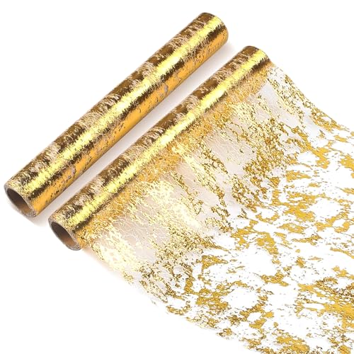 Chemin De Table Filet avec Feuille d'or 28cmx10m, Chemin De Table Polyester,Ruban De Table Métallisé Décoration pour Fête,Célébrations,Anniversaire, Mariage,...