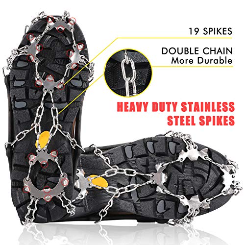 Crampons Ice Cleats Traction Snow Grips with 19 Spikes for Women Men Kids Boots Shoes Safe Protect Lightweight Crampons, Hiking, Walking, Climbing, Jogging Mountaineering on Ice and Snow (L)